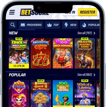 Lobby del casinò BetScore su telefono con le slot in evidenza
