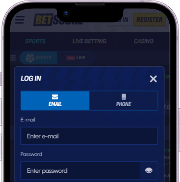 Schermata di accesso al conto BetScore su smartphone