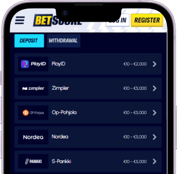 Schermata di deposito di BetScore con l'elenco dei metodi di pagamento